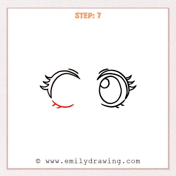 how to draw an anime eyes - Step 7: The left eye outline is completed with a rounded lower lid and small lower lashes.